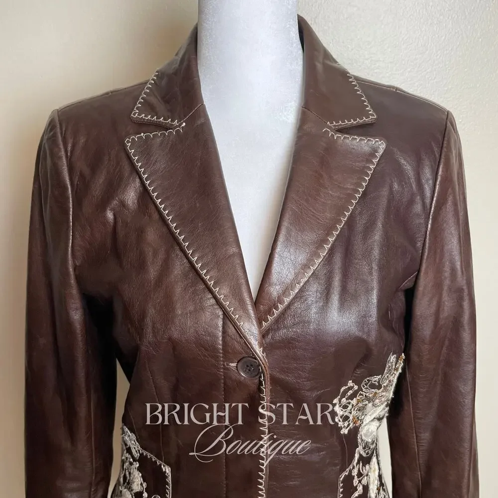 Rare Embroidered Leather Blazer Jacket ASO Lorelai Gilmore Phoebe Buffay Friends - Picture 9 of 11